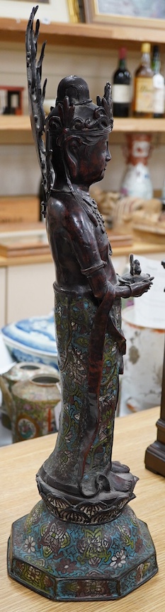 A large Chinese bronze and champleve enamel figure of a Bodhisattva, archaic style seal mark to base, 66cm